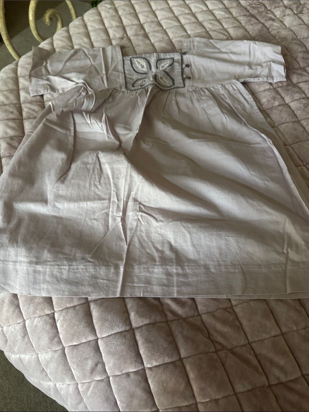 Bonpoint Soft Beige /lavendarCotton dress with floral Embroidered Label